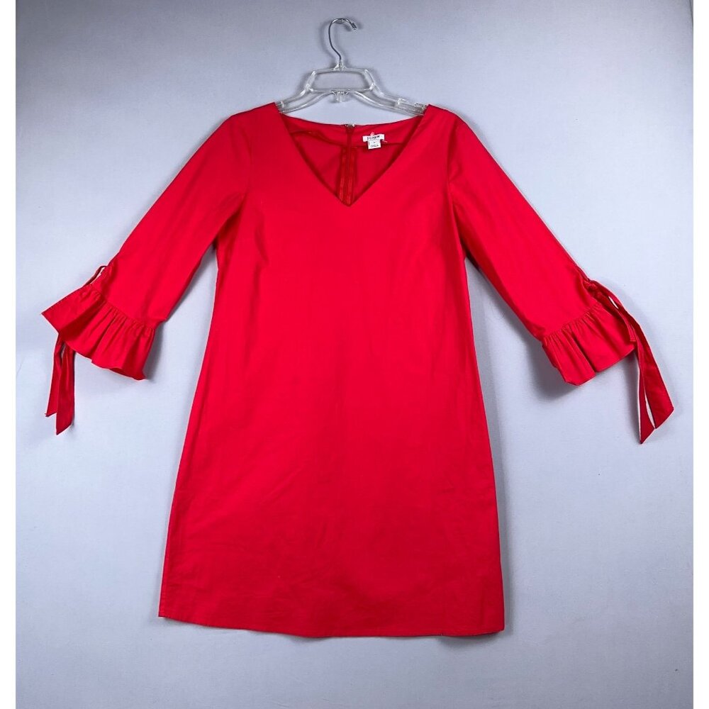 J Crew Shift Dress Womens Size 6 Ruffles Tie Sleeves V Neck Back Zip Red